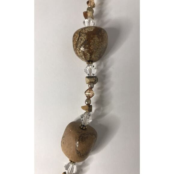 Bohemian Glass Beaded Necklace Agate Champagne Beige Stone Earthy Statement 20"" - Picture 6 of 10